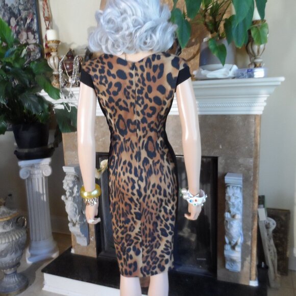 Escada Black & Brown Leopard Print Ruched Surplice Sheath Dress Size EU 38- US 8 - Picture 15 of 16